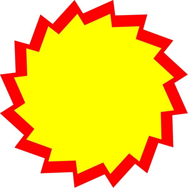 The image shows a yellow sun with red rays emanating from it against a black background.