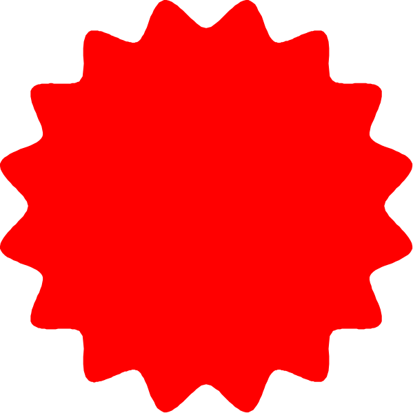 The image shows a red starburst with three smaller stars on it against a black background.