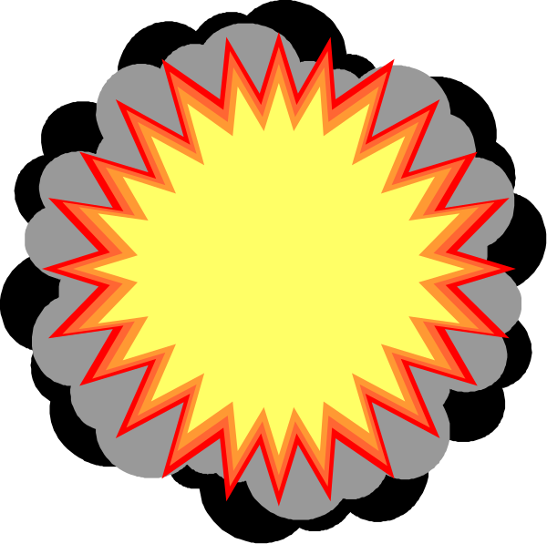 The image shows a cartoon explosion with flames emanating from it against a black background.