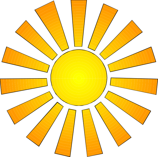 The image shows a bright yellow sun with rays emanating from it against an orange background inside of what appears to be a black silhouette shape resembling a stylized compass rose design.