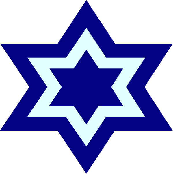 The image shows a blue Star of David with white borders on top and bottom against a black background.