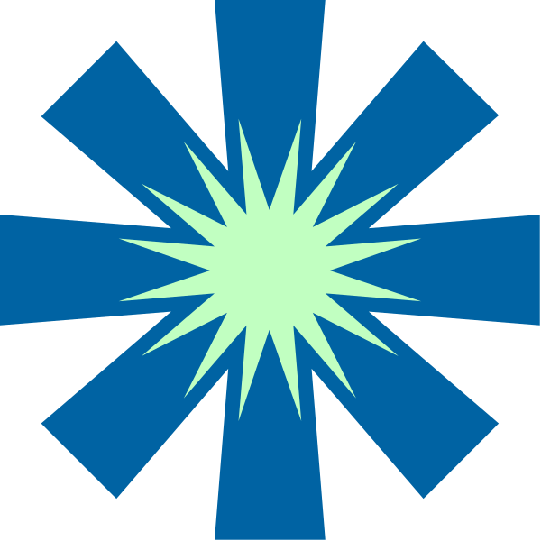 The image shows a blue starburst graphic with white rays emanating from it against a black background.