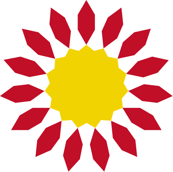 The image shows a stylized sun with rays extending outward from its center, set against an abstract background that resembles petals in red hues surrounding it.
