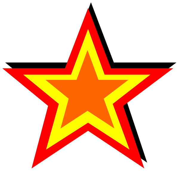 The image shows a red star with an orange outline on top of it inside another larger square shape that has two smaller squares at its corners forming a diamond pattern in black coloring against a white background.