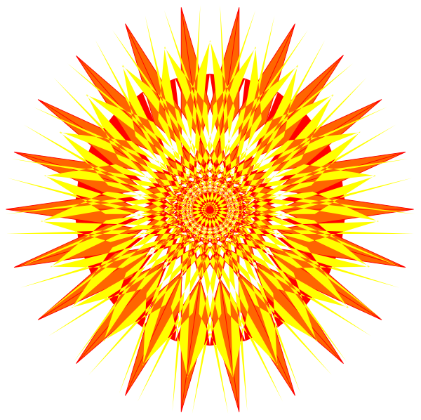 The image shows a symmetrical pattern with two halves of an intricate design featuring red lines against black backgrounds on either side; it is divided into six sections by straight vertical lines that create four triangular shapes, each containing multiple concentric circles and radiating outward from a central point to form the overall shape.