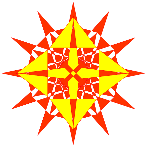 The image shows a vibrant sunburst design with red, yellow, orange, green, blue, purple hues radiating from an intricate centerpiece that resembles a flower-like pattern in black and white tones against a dark background.