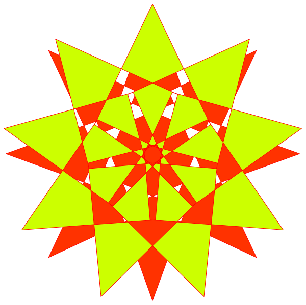 The image shows a stylized sunburst pattern with alternating red and yellow segments radiating from an orange center to form geometric shapes that resemble petals of a flower against a black background.