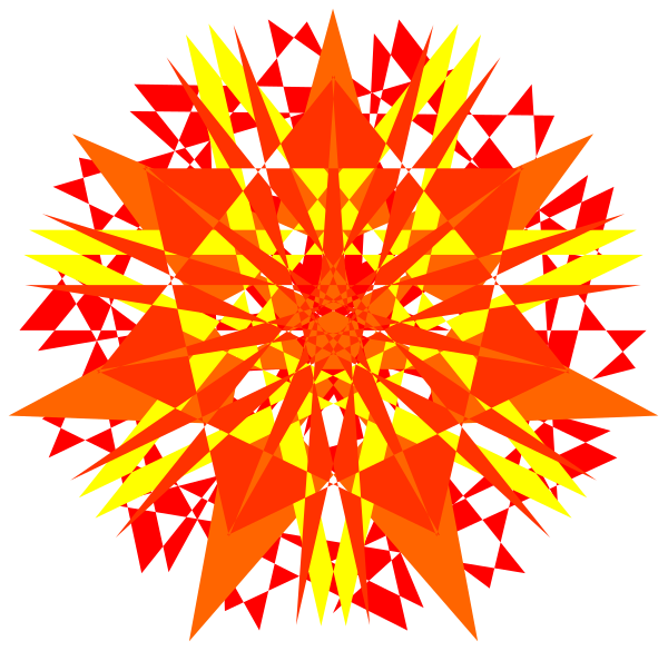 The image shows a symmetrical pattern with red and yellow shapes forming an intricate design that resembles a flower-like structure against a black background.