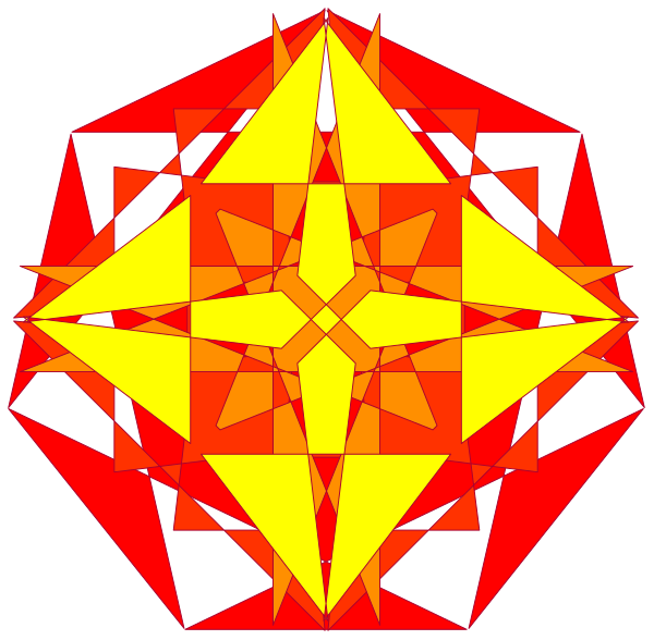 The image shows a geometric abstract design with red and yellow shapes forming an intricate pattern that resembles a flower-like structure against a black background.