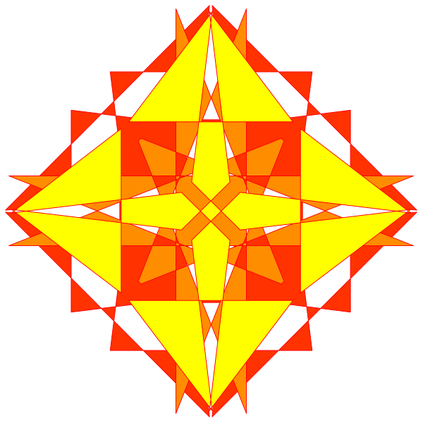 The image shows a geometric abstract design with red and yellow shapes forming an intricate pattern that resembles a flower-like structure against a black background.