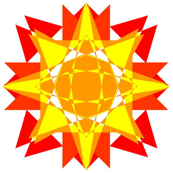 The image shows a stylized sun with eight rays emanating from its center against an orange background on the left side of the frame.