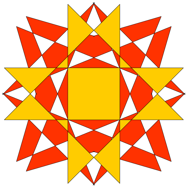 The image shows a geometric pattern with red triangles forming an intricate design that resembles a sunburst shape in black space against a white background on top of another similar but smaller yellow-orange starburst, both set within two larger orange and blue shapes respectively.