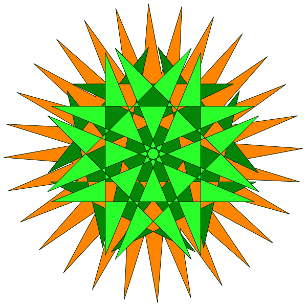 The image shows a symmetrical geometric pattern with alternating orange and green starburst shapes forming an intricate design against a black background.