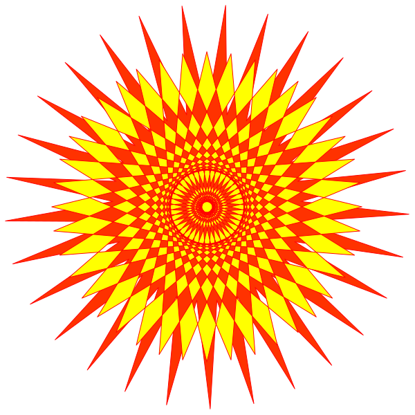 The image shows a vibrant sunburst pattern with red rays emanating from an orange center on a black background.