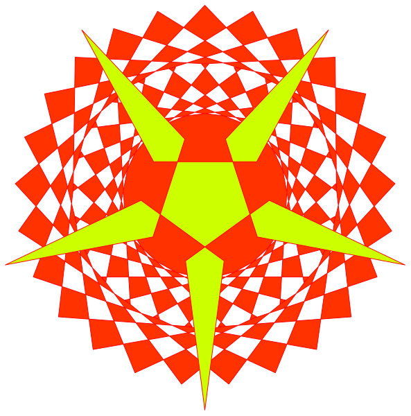 The image shows a red star with yellow points at its corners inside an abstract geometric shape that resembles a flower petal pattern against a black background on one side of the clip-art, while on the other it is depicted in grayscale without color information provided by text or labels within the image.