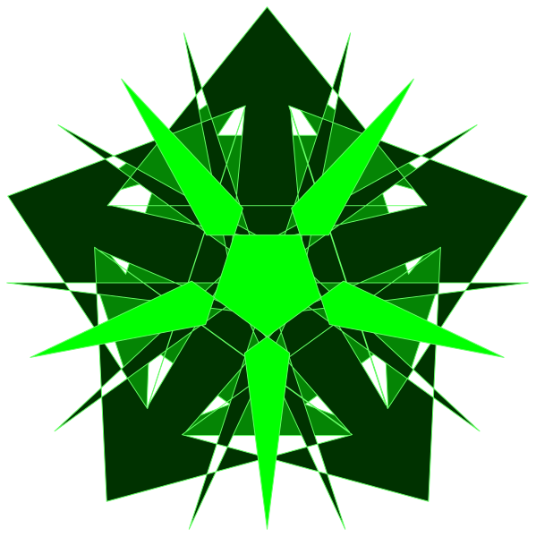 The image shows a symmetrical geometric pattern with green stars at its center against a black background.
