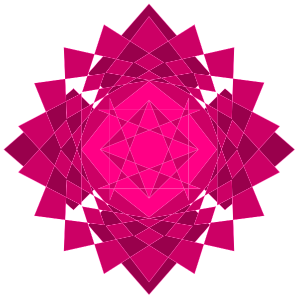 The image shows a symmetrical geometric pattern with pink shapes forming an intricate design against a black background.