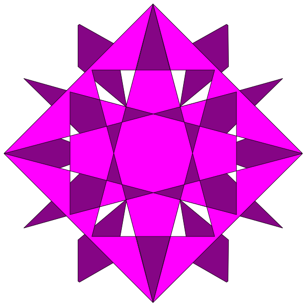 The image shows a purple geometric pattern with six distinct shapes: two triangles pointing upwards at opposite ends of an equilateral triangle that forms its center; one hexagon on each side of this central figure, and another smaller diamond shape within it.