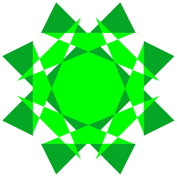The image shows a black background with several green geometric shapes arranged to form an abstract pattern resembling snowflakes or crystals.
