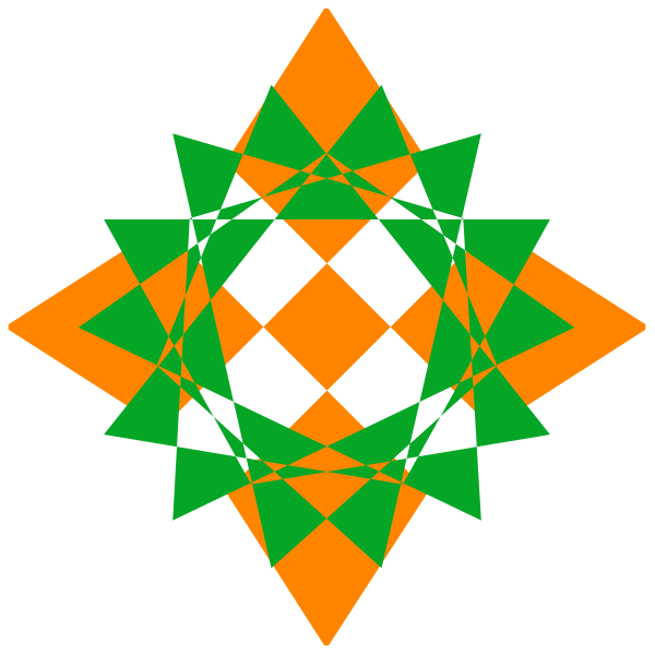 The image shows a stylized geometric design with six points connected by lines forming an octagon shape within another larger hexagonal pattern; it is in shades of orange and green against black background.
