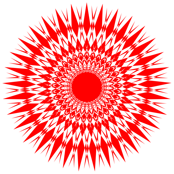 The image shows a red circular pattern with radiating lines creating an abstract design against a black background.