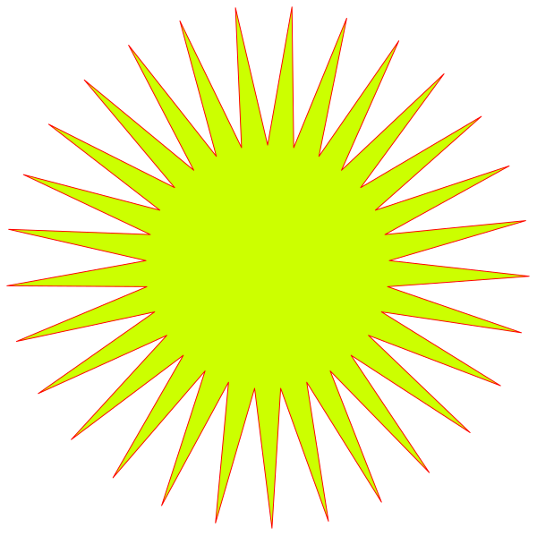 The image shows a bright yellow sunburst with red rays against a black background.