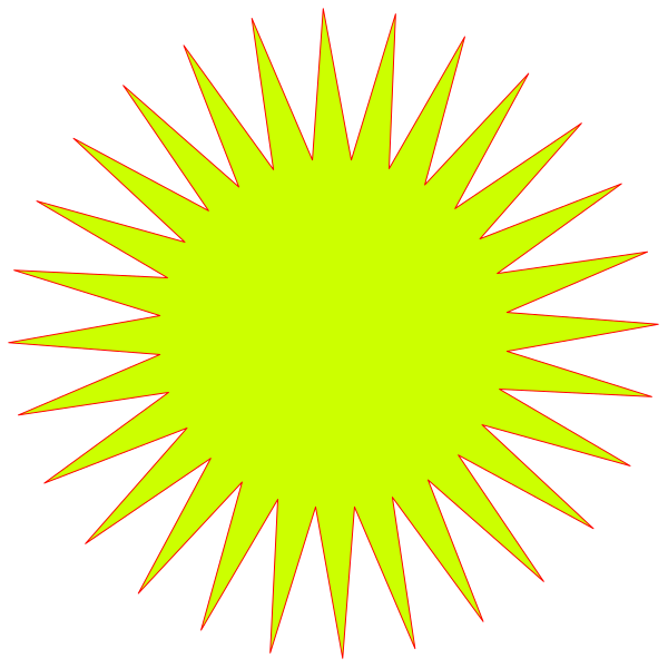 The image shows a bright yellow sunburst with red outlines against a black background.