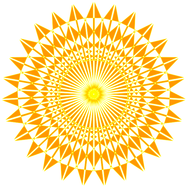 The image shows a black background with two yellow suns on it; each has 12 rays emanating from its center to form an intricate pattern around them. There is no text present in this clip-art image, and there's only one object which are the suns depicted here. No actions or people can be discerned as they do not exist within the confines of a black background with two yellow sun patterns on it.