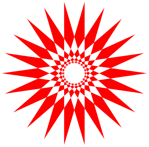 The image shows a black background with two red starburst patterns on either side of an eight-pointed sun design in white at its center.