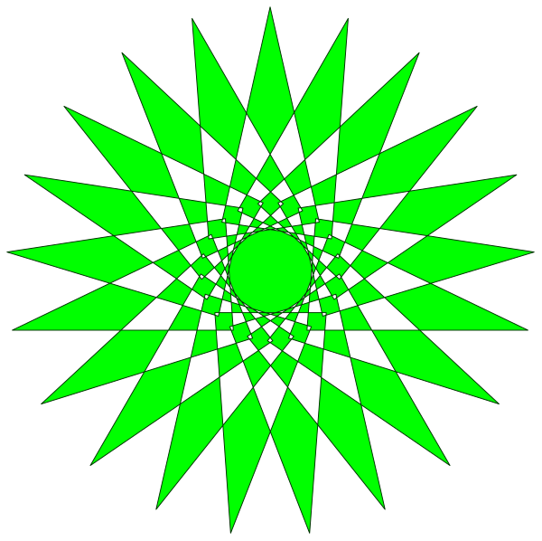 The image shows a black background with green stars forming an octagon around what appears to be a planet at its center.