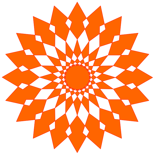 The image shows two red starburst patterns with a black background on either side of an orange sun design at their center.