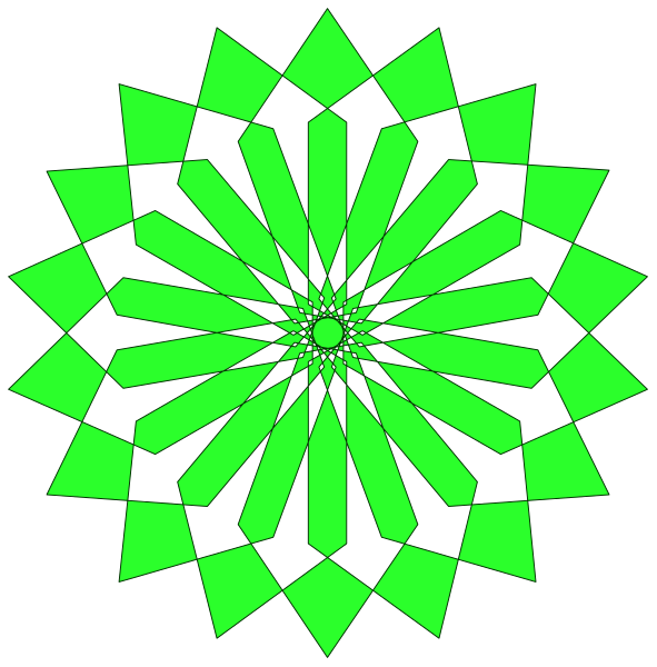 The image shows two distinct designs: on top, a green starburst pattern with eight points; below it is an intricate black-and-white mandala design featuring multiple concentric circles that create a symmetrical and mesmerizing effect.