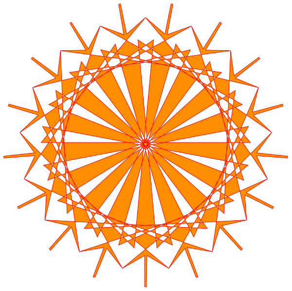 The image shows a stylized sunburst pattern with red rays emanating from an orange center on a black background.