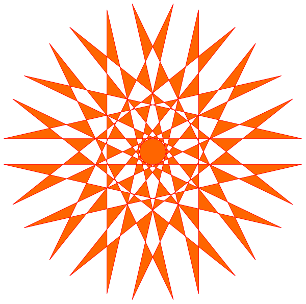 The image shows a black background with red starburst patterns radiating from an orange center point towards four cardinal directions: north, south, east, west.