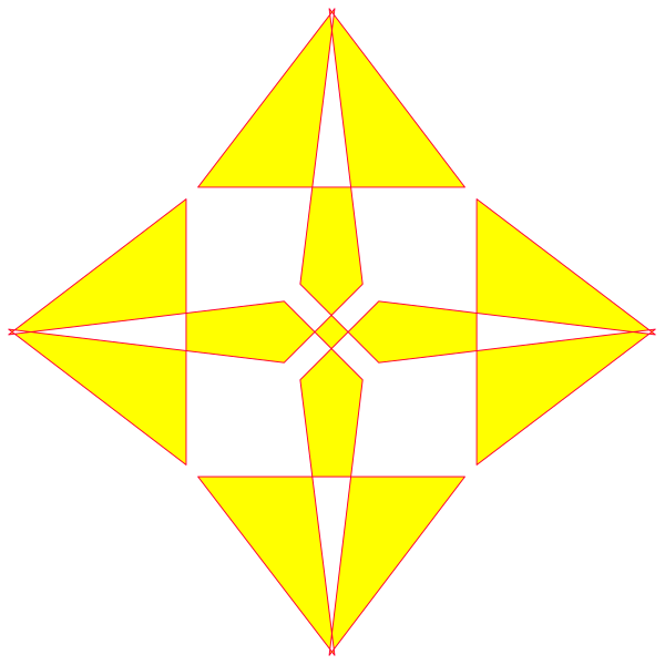 The image shows a black and white geometric pattern with four yellow diamonds forming an interconnected shape resembling a compass rose design on a dark background.
