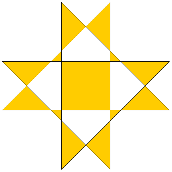 The image displays a black background with yellow geometric shapes forming an abstract design that resembles a cross within two intersecting diamonds.