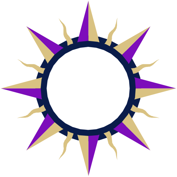 The image shows a stylized compass rose with purple rays emanating from it against a black background.