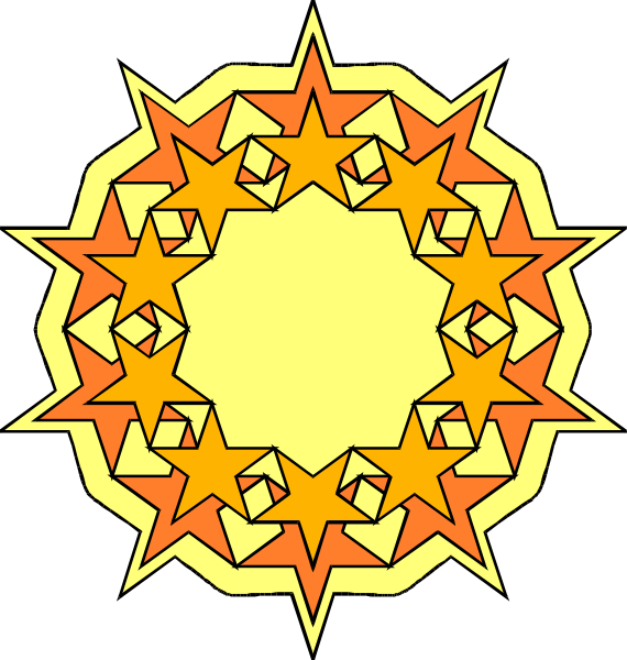 The image shows two distinct designs: on top, a vibrant sunburst with orange stars radiating from an empty center; below it is another design featuring geometric shapes in shades of yellow and red that resemble stylized flowers within concentric circles against a dark background.