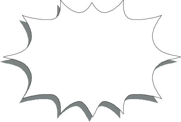 The image shows a black silhouette of an explosion with white smoke against a grey background inside what appears to be a comic book panel border.