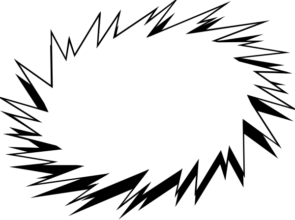 The image shows a black and white explosion graphic with sharp angles and lines radiating outward from what appears to be an impact point in the center of the frame.