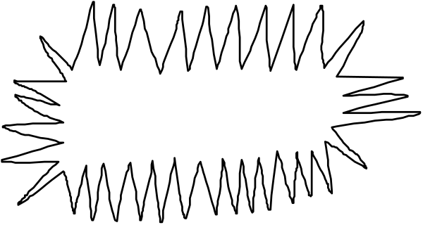 The image shows a black and white graphic with jagged lines forming an abstract pattern that resembles sound waves emanating from what appears to be a source on top of it.