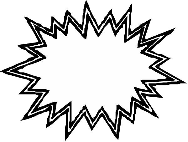 The black and white image shows a speech bubble with an explosion design inside it against a dark background.