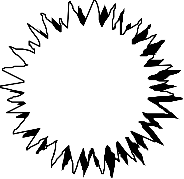 The black and white image shows a simple graphic of three explosions with rays emanating from them against a dark background.