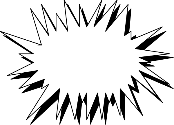 The black and white graphic shows a stylized explosion with jagged lines radiating outward from an unseen center point.
