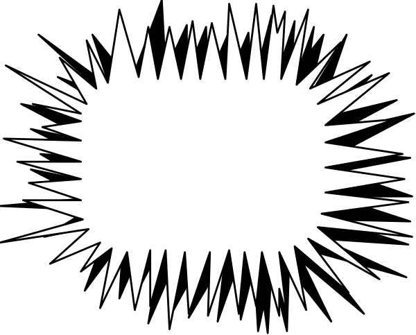 The black and white graphic features a stylized explosion with jagged lines radiating outward from an oval shape in the center of what appears to be a circular frame.