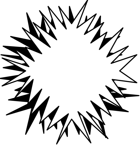 The image shows a black background with three white shapes: two stars on top of each other resembling an explosion effect in one corner; another star-like shape that is larger than both others at bottom right, and it's also exploding but more subtly so compared to the first.