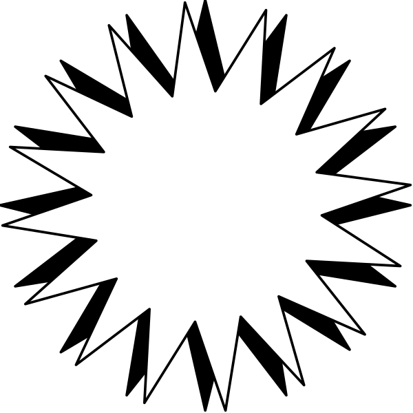 The black and white image shows a starburst graphic with multiple rays emanating from its center to form an explosion-like effect against a dark background.