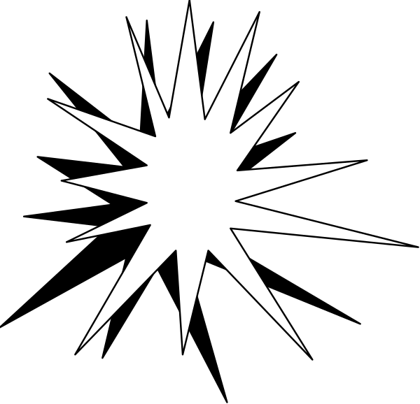 The image shows a black starburst graphic with white lines radiating outward from its center to form an eight-pointed shape resembling a burst of light or energy.