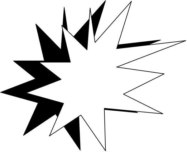 The black and white image shows a stylized explosion graphic with sharp angles on what appears to be an abstract background.