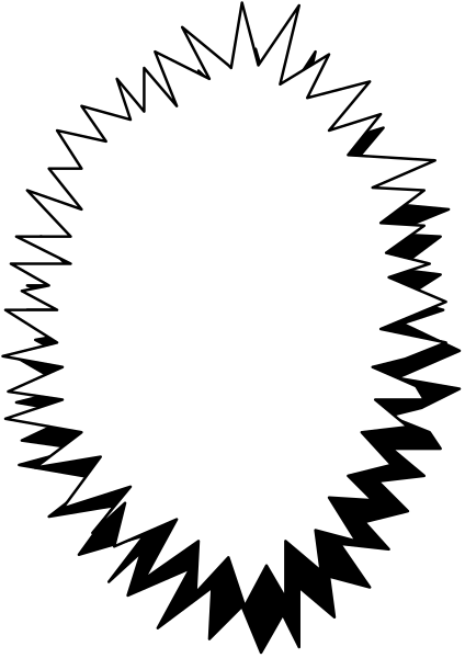The black and white image shows a simple cartoon of an explosion with sparks emanating from it against a dark background.